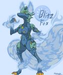  absurd_res anthro armor blitz_fox_(bakugan) blue_body blue_fire breasts canid canine claws colored_fire delphixander digital_media_(artwork) digitigrade english_text female fire fox genitals green_eyes green_sclera hi_res looking_at_viewer mammal nipples pussy simple_background solo text 