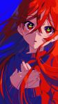  1girl bangs blue_background crossed_bangs eyebrows_visible_through_hair hair_between_eyes hands_on_own_chest heart heart-shaped_pupils highres long_hair long_sleeves looking_at_viewer open_mouth original red_eyes red_hair simple_background sleeves_past_wrists solo sweater symbol-shaped_pupils yuigahama_(user_nevh3547) 