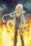  1girl bare_shoulders breasts brown_gloves colorized commentary dark-skinned_female dark_skin denim fantasy feet_out_of_frame fire gazing_eye glasses gloves glowing glowing_eyes grey_overalls haimura_kiyotaka highres jeans long_hair looking_at_viewer magic marian_slingeneyer medium_breasts novel_illustration official_art overalls pants pocket silver_hair slit_pupils spoilers standing teeth toaru_majutsu_no_index toaru_majutsu_no_index:_new_testament twintails very_long_hair 