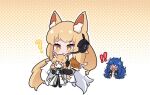  ! !! ? alya_(panalee) animal_ears arknights armor blonde_hair blue_hair blush cape character_doll chibi commission doll dress gloves headset holding holding_doll horse_ears implied_extra_ears kurotofu lipstick_mark nearl_(arknights) nearl_the_radiant_knight_(arknights) o_o pauldrons second-party_source shoulder_armor surprised white_dress 