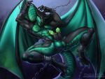  4:3 andromorph anthro balls black_body black_scales bodily_fluids chain chained cobra dragon erection genital_fluids genitals glowing glowing_genitalia glowing_penis green_body green_scales hi_res hybrid intersex looking_at_viewer male penis precum reptile scales scalie shalfeor_emerald_master_(physio) smile snake snegireva solo spread_legs spreading text url wings 