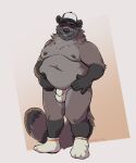  2022 anthro belly big_belly bulge clothing eyes_closed facial_hair hat headgear headwear humanoid_hands male mammal mature_male moobs mustache nastyspook navel nipples overweight overweight_male procyonid raccoon simple_background solo underwear 