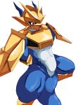  anthro armor bandai_namco blue_body blush bottomless byshz2000 clothed clothing digimon digimon_(species) gold_(metal) gold_armor hi_res magnamon male muscular red_eyes solo 