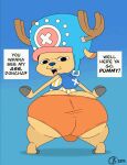  anthro antlers big_butt bottom_heavy bottomwear bouncing_butt breathotter butt capreoline cervid clothing english_text hat headgear headwear hi_res hooves horn male mammal naughty_face one_piece reindeer shorts solo text tony_tony_chopper 