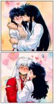  1boy 1girl alternate_form animal_ears arm_around_shoulder bangs bead_necklace beads black_hair blush closed_mouth couple dog_ears embarrassed facing_viewer frown hand_on_another&#039;s_arm hands_up happy heart hetero highres higurashi_kagome holding_another&#039;s_hair hug inuyasha inuyasha_(character) japanese_clothes jewelry jungyun99 kiss kissing_cheek long_hair long_sleeves miko multiple_views necklace nose_blush one_eye_closed profile sidelocks smile spoken_blush strapless upper_body white_hair 