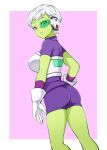 1girl armor ass bodysuit breasts cheelai colored_skin dragon_ball dragon_ball_super gabayo gloves green_skin looking_at_viewer open_mouth purple_bodysuit purple_eyes scouter short_hair solo white_gloves white_hair 