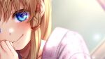  1girl blonde_hair blue_eyes blurry blush close-up depth_of_field face hair_ornament jewelry looking_at_viewer moriya_suwako nora_wanko portrait smile soft_focus solo touhou 