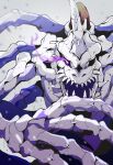  black_sclera blurry blurry_background colored_sclera commentary_request digimon digimon_(creature) glowing glowing_eye grey_background highres horns looking_at_viewer monster no_humans open_mouth sharp_teeth single_horn skull skullgreymon solo taoru_(towtowru) teeth upper_body 