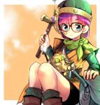  1girl any813 bag belt bike_shorts blue_eyes chrono_trigger closed_mouth glasses hammer helmet highres looking_at_viewer lucca_ashtear purple_hair robo_(chrono_trigger) robot scarf short_hair simple_background smile solo 