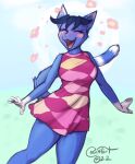  2022 animal_crossing anthro blokfort blue_body blue_fur blue_hair breasts cheerful clothing domestic_cat dress eyes_closed felid feline felis female fur hair hi_res mammal nintendo rosie_(animal_crossing) smile solo video_games 