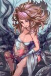  1girl bare_shoulders breasts brown_hair cleavage curly_hair dress egg gloves jewelry kuwango large_breasts lipstick long_hair looking_at_viewer makeup misty_(saga_frontier) saga saga_frontier_2 skirt smile solo 