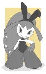  2022 anthro blush bodysuit border bow_tie bunny_costume clothing collar costume fake_ears fake_rabbit_ears female full-length_portrait gloves_(marking) hair_mouth hand_on_hip hi_res leggings legwear looking_at_viewer markings mawaifu mawile nintendo outside_border pok&eacute;mon pok&eacute;mon_(species) portrait pseudo_hair rubber rubber_clothing shadow sharp_teeth signature simple_background skinsuit solo standing teeth tight_clothing video_games white_border yellow_background 