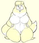  2022 anthro biped blue_eyes breasts canid canine closed_smile crotch_tuft curvy_figure digital_media_(artwork) featureless_breasts featureless_crotch female fingerless_(marking) full-length_portrait fur hands_on_hips kazuhiro mammal mouth_closed multicolored_body multicolored_fur no_pupils nude one_eye_closed pink_nose portrait simple_background sitting smile solo thick_thighs tuft two_tone_body two_tone_fur wariza white_body white_fur yellow_background yellow_body yellow_fur 