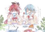 2girls bangs black_bow blue_hair bow bowl bowtie closed_eyes crumbs cup drinking drinking_glass eating food fork fruit hair_between_eyes hair_bow hair_ornament hairpin half-closed_eyes high_ponytail highres holding holding_cup holding_fork jewelry jitome laughing lokiyoe long_hair long_sleeves mahou_shoujo_madoka_magica miki_sayaka mitakihara_school_uniform multiple_girls open_mouth pie plant plate ponytail puffy_long_sleeves puffy_sleeves red_bow red_bowtie red_eyes red_hair ring sakura_kyouko saucer school_uniform shaded_face shirt simple_background sitting sleeve_cuffs smile strawberry sweat table teacup tearing_up translation_request upper_body very_long_hair vest whisk white_background white_shirt yellow_vest 