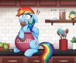  absurd_res apple blush bodily_fluids confetticakez cookie cookie_jar equid equine exclamation_point female food friendship_is_magic hair hi_res jar kitchen looking_at_viewer mammal multicolored_hair multicolored_tail my_little_pony pegasus rainbow_dash_(mlp) rainbow_hair rainbow_tail ravensun sweat wings 