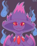  ambiguous_gender blue_fire blush clothing colored_fire digital_media_(artwork) fire ghost hat headgear headwear hi_res humanoid looking_at_viewer mismagius moonabloom nintendo not_furry pink_body pok&eacute;mon pok&eacute;mon_(species) purple_body red_eyes simple_background smile solo spirit video_games witch_hat yellow_eyes 