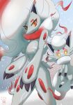  anthro breasts bronyant canid canine claws female fur hi_res hisuian_zoroark hisuian_zorua looking_at_viewer mammal nintendo nude pok&eacute;mon pok&eacute;mon_(species) pokemon_legends_arceus red_body red_fur regional_form_(pok&eacute;mon) smile video_games white_body white_fur yellow_eyes 