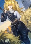  animal animal_ear_fluff animal_ears arknights arm_behind_back asymmetrical_clothes bangs black_gloves black_pants blonde_hair blue_sky closed_mouth day eyebrows_visible_through_hair feet_out_of_frame fingerless_gloves gloves gradient_sky highres holding lion lion_ears long_hair long_sleeves looking_at_viewer midriff mountainous_horizon navel official_alternate_costume outdoors pants ponytail shirt siege_(arknights) siege_(city_destroyer)_(arknights) sky standing white_shirt yellow_eyes 