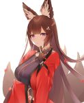  1girl amagi_(azur_lane) animal_ears azur_lane bangs black_gloves blunt_bangs breasts brown_hair brown_tail fingerless_gloves fox_ears fox_girl gloves hair_ornament highres index_finger_raised japanese_clothes kimono kitsune large_breasts long_hair long_sleeves looking_at_viewer multiple_tails parted_lips purple_eyes red_kimono shirobato simple_background solo tail upper_body white_background 