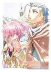  1boy 1girl arche_klein blue_eyes blue_hair chester_burklight earrings house jewelry long_hair neko_(hansinn) open_mouth pink_eyes pink_hair ponytail smile snowing tales_of_(series) tales_of_phantasia wide_ponytail winter_clothes 