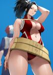  1boy 1girl absurdres back bare_shoulders belt black_hair boku_no_hero_academia breasts center_opening cleavage hair_pulled_back highres large_breasts leotard long_hair looking_at_viewer multicolored_hair navel parted_lips ponytail red_hair red_leotard short_hair smile split-color_hair thighs todoroki_shouto u.a._gym_uniform white_hair yaoyorozu_momo yoshio_(55level) 