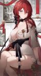  1girl azur_lane braid breasts cleavage crossed_legs hair_between_eyes highres large_breasts long_hair looking_at_viewer monarch_(azur_lane) purple_eyes qiandaiyiyu red_hair sitting solo thighs 