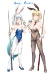  2girls alternate_costume animal_ears ball billiard_ball blonde_hair blue_eyes blue_footwear blue_leotard blush breasts character_name cleavage covered_navel cue_stick detached_collar fish_tail gawr_gura grey_footwear grey_leotard high_heels hololive hololive_english large_breasts leotard looking_at_viewer multicolored_hair multiple_girls necktie one_eye_closed pantyhose playboy_bunny rabbit_ears red_necktie shark_tail side_ponytail small_breasts smile tail thighband_pantyhose v watson_amelia white_background white_hair wrist_cuffs zen_juraku 