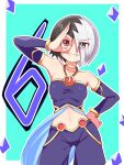  1girl bangs bare_shoulders black_hair breasts cougar_(cougar1404) detached_sleeves hair_over_one_eye hand_on_hip looking_at_viewer majin_shoujo midriff multicolored_hair navel pants purple_pants red_eyes short_hair silver_hair smile solo standing strapless tube_top two-tone_hair zizou_olympia 