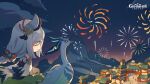  2girls bird black_bodysuit blue_eyes bodysuit braid bridal_gauntlets chibi chinese_clothes cloud_retainer_(genshin_impact) crane_(animal) detached_sleeves eyebrows_visible_through_hair fireworks genshin_impact grey_hair hair_ornament highres long_hair multiple_girls night night_sky official_art outdoors shenhe_(genshin_impact) single_braid sitting sky smile 