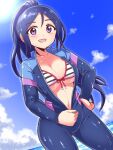  1girl blue_hair bodysuit breasts character_request cleavage cloud cougar_(cougar1404) large_breasts long_hair looking_at_viewer love_live! love_live!_sunshine!! matsuura_kanan navel open_mouth ponytail purple_eyes smile solo swimsuit swimsuit_under_clothes unzipping zipper_pull_tab 