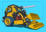  blue_background bulldozer from_side gatling_santouhei highres no_humans original science_fiction simple_background unconventional_vehicle vehicle_focus 