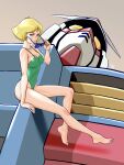  aobito_sukayaka_bystander barefoot blonde_hair blue_eyes breasts brown_background cleavage covered_nipples green_swimsuit gundam highres holding holding_eyewear looking_at_viewer mecha medium_breasts mobile_suit mobile_suit_gundam rx-78-2 sayla_mass science_fiction short_hair sitting sunglasses swimsuit v-fin yellow_eyes 