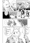  aira_kokonatsu alcohol anthro beer_bottle beverage bottle canid canine canis clothed clothing comic domestic_dog english_text female gen_kiryu group hi_res human male mammal monochrome park popwitter_ox senri_ooedo text translated trio wolf 