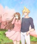  1boy 1girl aerith_gainsborough alternate_costume bangs blonde_hair blue_eyes blue_sky blush breasts brown_hair cherry_blossoms cleavage cloud_strife collarbone falling_petals final_fantasy final_fantasy_vii grass green_eyes grey_shirt hair_down hand_in_own_hair jewelry krudears long_hair long_sleeves medium_breasts necklace pants parted_bangs petals pink_shirt pink_skirt ring shirt sidelocks skirt sky sleeves_rolled_up spiked_hair thumb_in_pocket white_pants 