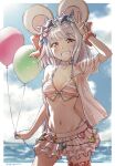  1girl animal_ears balloon bangs blurry blurry_background blush breasts breasts_apart choker cloud collarbone cowboy_shot eyewear_on_head fake_animal_ears flower frilled_choker frills granblue_fantasy grey_hair grin hair_flower hair_ornament hairband hand_up highleg highleg_swimsuit highres holding holding_balloon horizon jacket medium_hair miniskirt mouse_ears navel off_shoulder outdoors red_eyes scrunchie short_sleeves single_bare_shoulder skirt small_breasts smile solo stomach sunglasses swimsuit teeth twitter_username v vikala_(granblue_fantasy) wet white_jacket white_skirt wrist_scrunchie yirga 