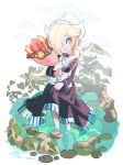  1girl barefoot blonde_hair blue_eyes bouquet dress dutch_clothes earrings flower hair_over_one_eye hat holding holding_bouquet hoshikuzu_pan jewelry leaf lily_pad mario_(series) mario_kart_tour moss plant pond rosalina solo star_(symbol) star_earrings traditional_clothes tulip wading water 