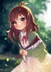  1girl artist_name bangs blurry blurry_background blush bow brown_eyes brown_hair closed_mouth collared_dress commentary day depth_of_field dress english_commentary eyebrows_visible_through_hair green_jacket highres hyanna-natsu indie_virtual_youtuber jacket long_hair open_clothes open_jacket outdoors red_bow shawl smile solo thick_eyebrows virtual_youtuber vyolfers_(vtuber) watermark white_dress 