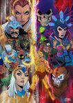  2021 4girls 6+boys battle_cat beast_man blue_eyes bone dark_skin electricity evil-lyn he-man helmet highres man-at-arms masters_of_the_universe mer-man multiple_boys multiple_girls original orko roboto rodrigokatrakas scare_glow skeletor skull sorceress_(he-man) sword teela trap-jaw tri-klops weapon 