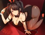  1girl agetama animal_ears bare_shoulders black_hair black_leotard breasts cleavage closed_mouth date_a_live gun hairband heterochromia highres leotard long_hair looking_at_viewer pantyhose playboy_bunny rabbit_ears red_eyes smile solo tokisaki_kurumi twintails weapon wrist_cuffs yellow_eyes 