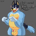  anthro australian_cattle_dog balls bandit_heeler blue_body blue_fur bluey_(series) blush bodily_fluids canid canine canis cattledog charlieleobo chubby_male dialogue digital_media_(artwork) domestic_dog fur genital_fluids genitals herding_dog hi_res male male/male mammal nipples nude pastoral_dog penis precum simple_background slightly_chubby smile solo text 