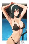  1girl absurdres armpits arms_up artist_name bikini black_bikini black_hair blurry blurry_background blush border breasts closed_mouth hairband highres large_breasts lips looking_at_viewer navel pool red_eyes short_hair_with_long_locks sidelocks smile solo spy_x_family stomach swimsuit water white_border white_hairband wusie2 yor_briar 
