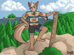  absurd_res anthro bottomwear brown_body brown_fur canid canine canis clothing deego domestic_dog feet fur hair hi_res hike hiking male mammal mountain shorts solo standing sweater topwear white_hair 