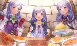  3girls bangs belt_pouch blush bread bread_bun cape capelet circlet commission eyebrows_visible_through_hair fire_emblem fire_emblem:_path_of_radiance fire_emblem_heroes food food_focus fork gloves hair_ornament hand_on_own_chest hand_up highres ilyana_(fire_emblem) jewelry long_hair looking_at_viewer low_twintails miniskirt multiple_girls nei_(aduma1120ponpon) pasta pouch purple_eyes purple_hair shiny shiny_hair short_sleeves skeb_commission skirt spaghetti spoon standing steak twintails 