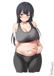  1girl agano_(kancolle) alternate_costume black_hair black_sports_bra blush breasts cleavage collarbone cowboy_shot ebifurya eyebrows_visible_through_hair green_eyes hair_between_eyes highres kantai_collection large_breasts long_hair midriff navel one-hour_drawing_challenge pants simple_background solo sports_bra stomach sweat twitter_username white_background yoga_pants 
