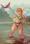  1girl absurdres alex_(minecraft) ass_visible_through_thighs bikini breasts brown_eyes commentary english_commentary eyebrows_visible_through_hair fish highres medium_breasts minecraft navel neal_d._anderson orange_hair outdoors parted_lips partially_submerged polearm solo swimsuit teeth trident water watermark weapon wet 