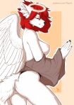  5_fingers anthro areola breasts canid canine canis clothed clothing domestic_dog feathered_wings feathers female fingers fur hair hi_res hybrid mammal nipples red_hair smile white_body white_fur wings yasmil 