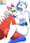  absol anthro anthro_on_anthro blush bodily_fluids breast_milking breastfeeding breasts butt canid canine duo eyes_closed female female/female fennec fluffy fluffy_tail fox fur genitals hair hi_res lactating looking_pleasured mammal mature_female mellonsoda nintendo nipples open_mouth pok&eacute;mon pok&eacute;mon_(species) pussy red_body red_fox red_fur simple_background teeth tongue video_games white_body white_fur white_hair 