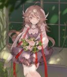  1girl absurdres ahoge animal_ears arknights blurry blurry_foreground bouquet brown_eyes brown_hair closed_mouth commentary_request depth_of_field dress eyjafjalla_(arknights) feet_out_of_frame fengyin_shici_guozi flower grey_dress highres holding holding_bouquet horns long_hair looking_at_viewer pink_flower puffy_short_sleeves puffy_sleeves sheep_ears sheep_girl sheep_horns shirt short_sleeves sitting smile solo thighhighs very_long_hair white_flower white_legwear white_shirt window 
