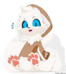  2018 3_fingers 4_toes ambiguous_gender anthro artist_name black_eyebrows black_nose black_pupils black_sclera blue_eyes brown_clothing brown_hoodie brown_topwear clothing cute_fangs english_text eyebrows feet fingers fluffy fur happy harp_seal hoodie ice looking_down mammal marine neck_tuft open_mouth pawpads pink_pawpads pink_tongue pinniped presto_(artist) pupils seal shadow simple_background sitting snout solo text toes tongue topwear tuft vanka_(presto) whiskers white_background white_body white_fur white_tail zipper 