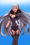  1girl 1nilla&#039; :d absurdres asymmetrical_gloves bangs black_footwear black_gloves blue_sky boots breasts cleavage dress gloves hair_ornament highres honkai_(series) honkai_impact_3rd kiana_kaslana kiana_kaslana_(herrscher_of_the_void) long_hair looking_at_viewer mismatched_gloves open_mouth outdoors sky smile solo thigh_boots thighhighs white_dress white_gloves white_hair yellow_eyes 